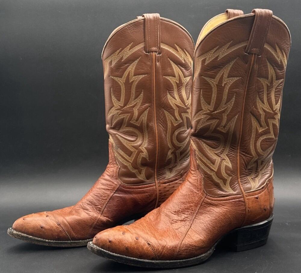 Tony Lama Black Label Exotic Ostrich Brown Leather Cowboy Boots USA 05016 9.5 D